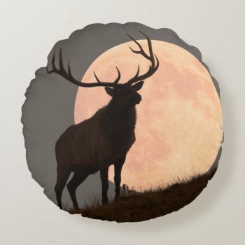 Majestic Bull Elk And Full Moon Rise Round Pillow by usyellowstone at Zazzle
