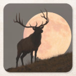 Majestic Bull Elk And Full Moon Rise Square Paper Coaster at Zazzle
