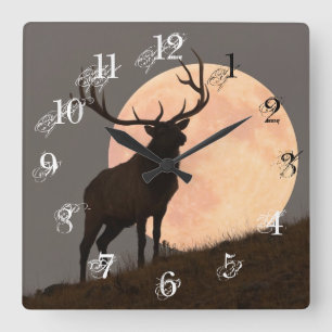 Majestic Bull Elk and Full Moon Rise Square Wall Clock