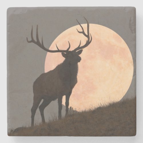 Majestic Bull Elk and Full Moon Rise Stone Coaster