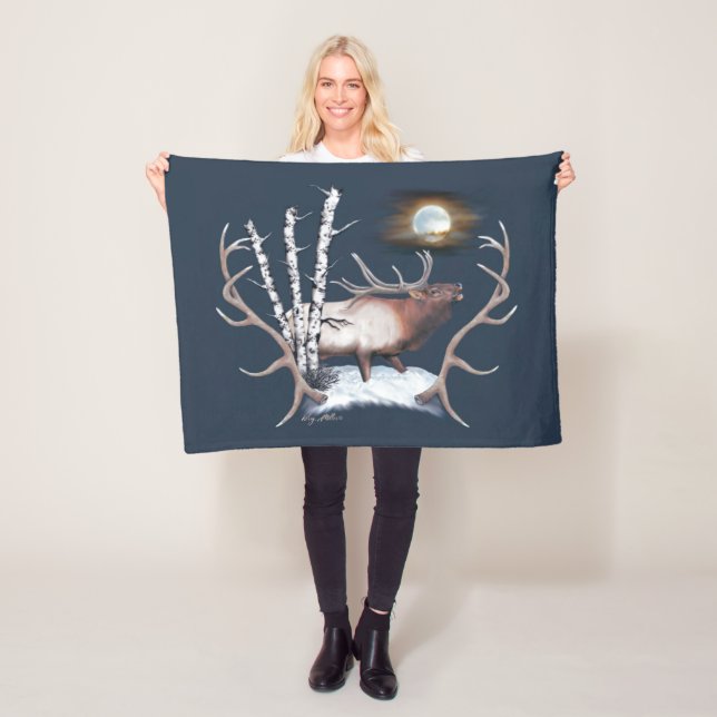 Majestic Bull Elk Bugling In The Moonlight Fleece Blanket (In Situ)