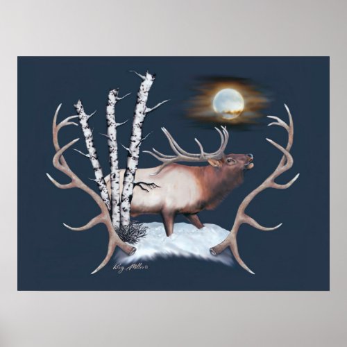 Majestic Bull Elk Bugling In The Moonlight Poster