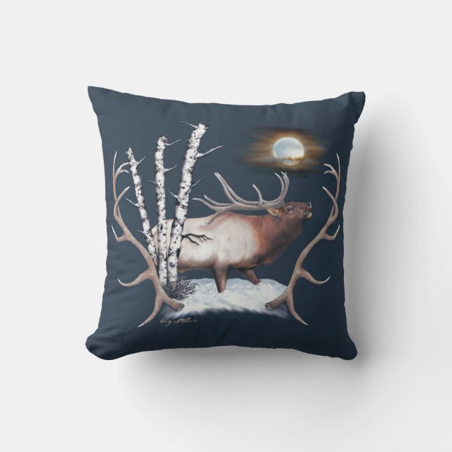Majestic Bull Elk Bugling In The Moonlight Throw Pillow (Front)