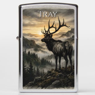 Majestic bull elk standing on a misty mountain zippo lighter