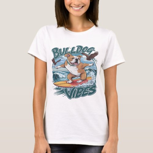 Majestic Bulldog Surfer Surfing T_Shirt