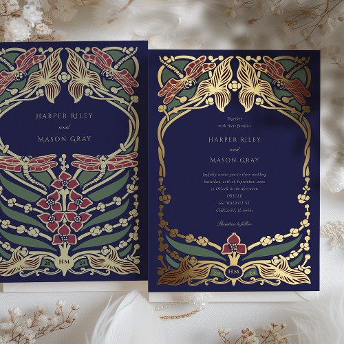 Majestic Burgundy Navy Blue Art Nouveau Wedding Foil Invitation
