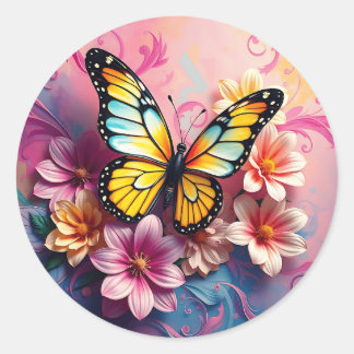 Majestic Butterfly with Floral Swirls Classic Round Sticker