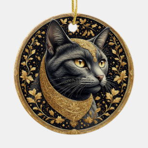 Majestic Cat with Ornate Floral Golden Details Ceramic Ornament