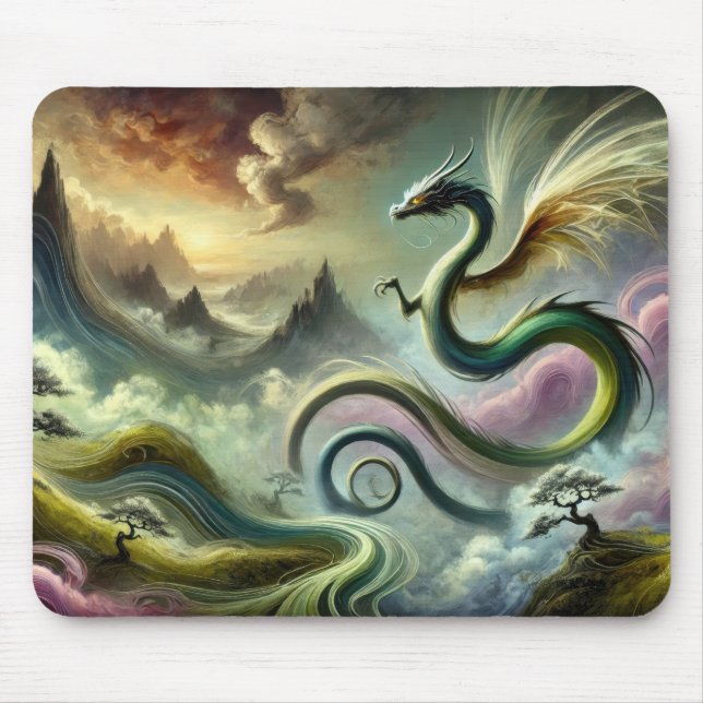 Majestic Celestial Dragon Over Fantasy Mountains Mouse Pad (Front)