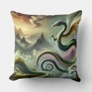 Majestic Celestial Dragon Over Fantasy Mountains Throw Pillow
