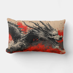 Majestic Chinese Dragon with Red Ink Splatter Lumbar Pillow
