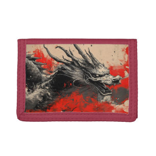 Majestic Chinese Dragon with Red Ink Splatter Tri-fold Wallet