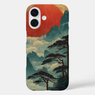 Majestic Crimson Sun & Misty Teal Mountains iPhone 16 Case