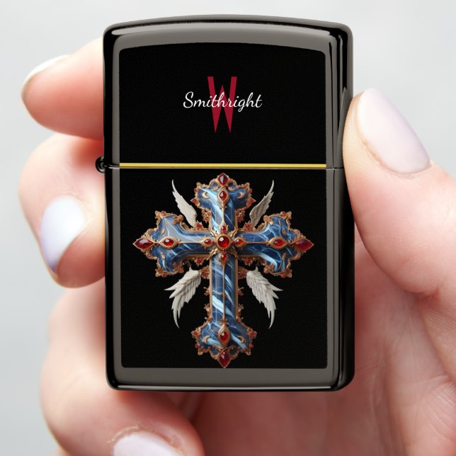 Majestic Cross Adorned With Blue and Red Gems Zippo Lighter (In Hand)