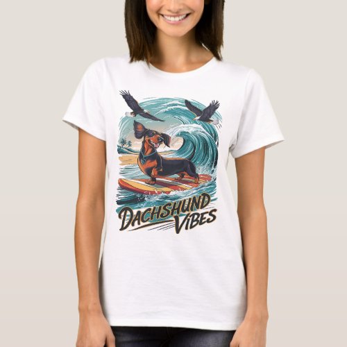 Majestic Dachshund Dog Catching a Wave Surfing T_Shirt
