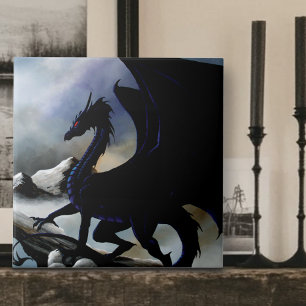Majestic Dark Dragon Black Fantasy Mountains  Ceramic Tile