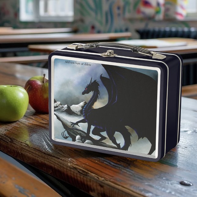 Majestic Dark Dragon Black Fantasy Mountains  Metal Lunch Box (Creator Uploaded)