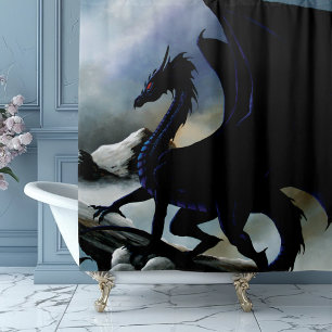 Majestic Dark Dragon Black Fantasy Mountains Shower Curtain
