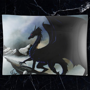 Majestic Dark Dragon Black Fantasy Mountains Trinket Tray