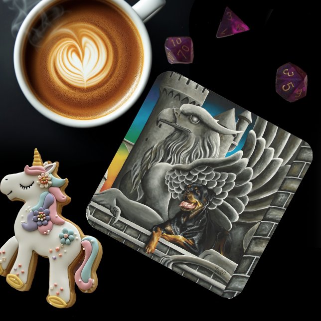 Majestic Dark Fantasy Rottweiler Gargoyle Castle Beverage Coaster (Creator Uploaded)