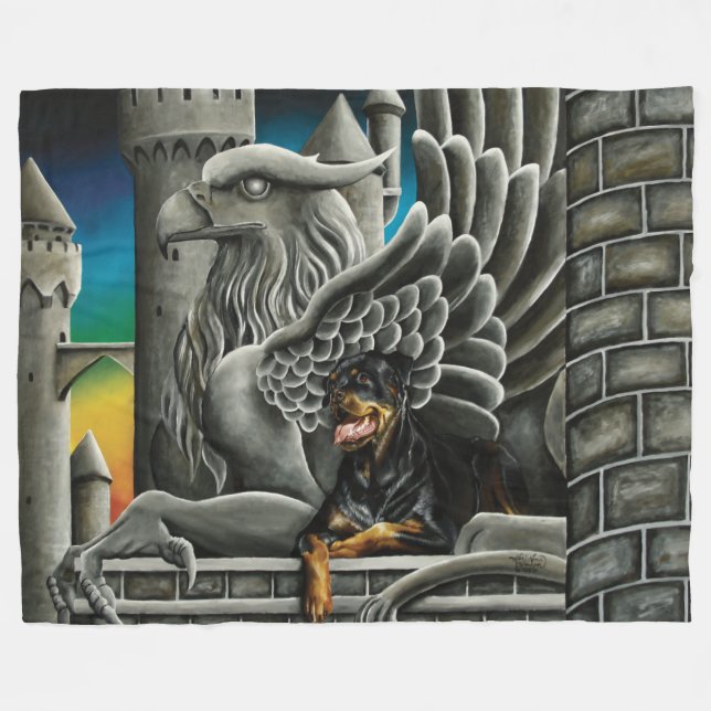 Majestic Dark Fantasy Rottweiler Gargoyle Castle Fleece Blanket (Front (Horizontal))