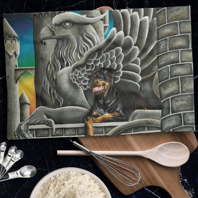 Majestic Dark Fantasy Rottweiler Gargoyle Castle Kitchen Towel (Creator Uploaded)
