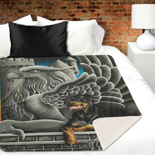 Majestic Dark Fantasy Rottweiler Gargoyle Castle Sherpa Blanket (Creator Uploaded)