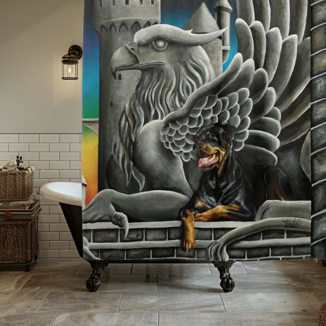 Majestic Dark Fantasy Rottweiler Gargoyle Castle Shower Curtain (Creator Uploaded)
