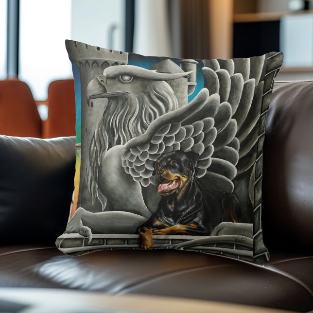 Majestic Dark Fantasy Rottweiler Gargoyle Castle Throw Pillow (Creator Uploaded)