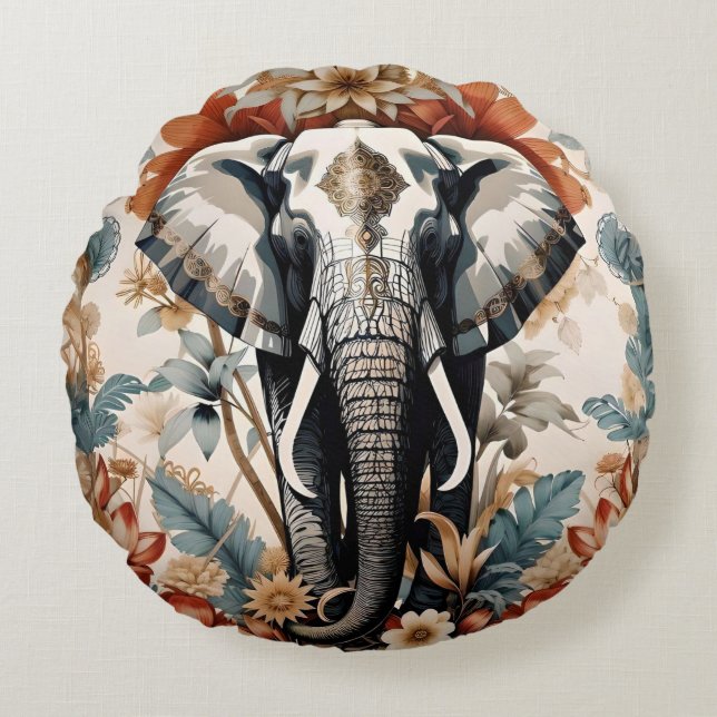 Majestic Decorated Elephant Wildlife Round Pillow (Front)