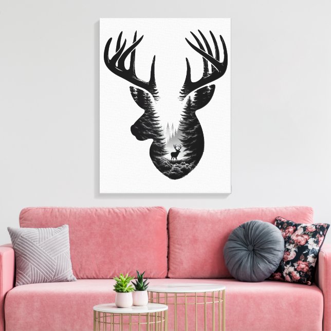 Majestic Deer Forest Double Exposure Canvas Wall A Print (Insitu(LivingRoom))