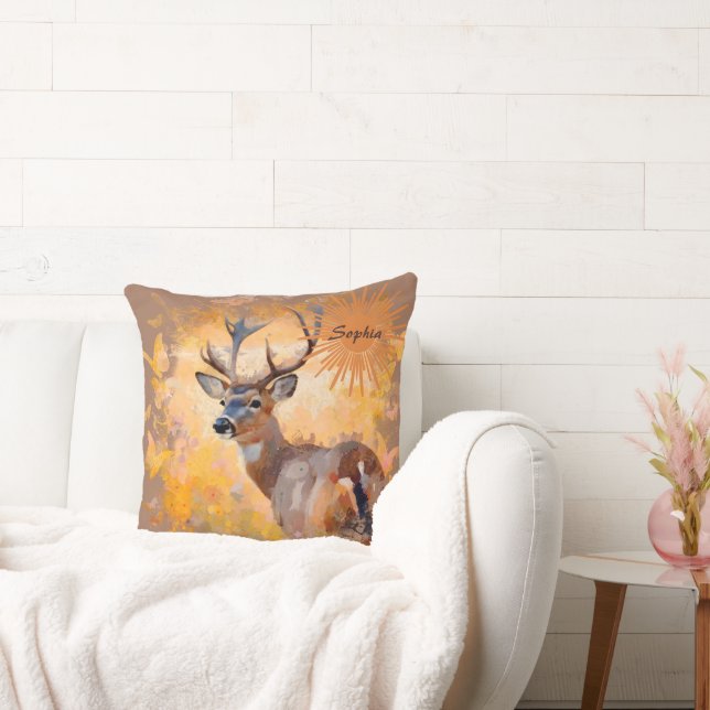 Majestic Deer in a Field of Wildflowers Throw Pillow (Couch)