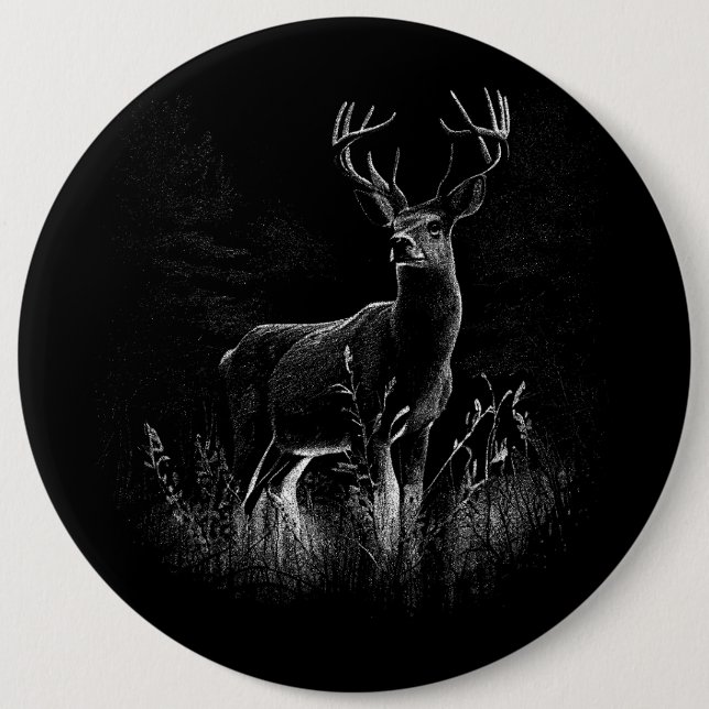 Majestic Deer in the Wilderness – Black&White Art Button (Front)