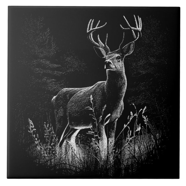 Majestic Deer in the Wilderness – Black&White Art Ceramic Tile (Front)
