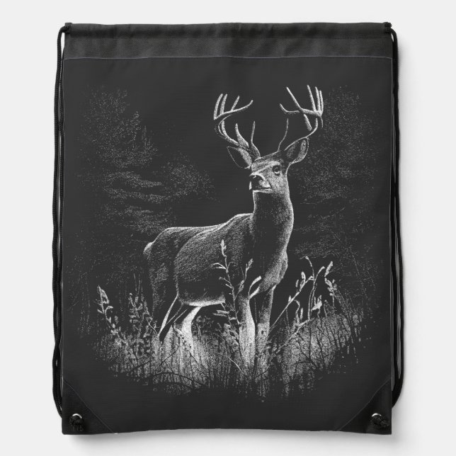 Majestic Deer in the Wilderness – Black&White Art Drawstring Bag (Front)