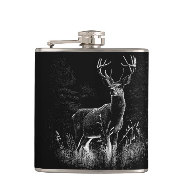 Majestic Deer in the Wilderness – Black&White Art Flask (Front)