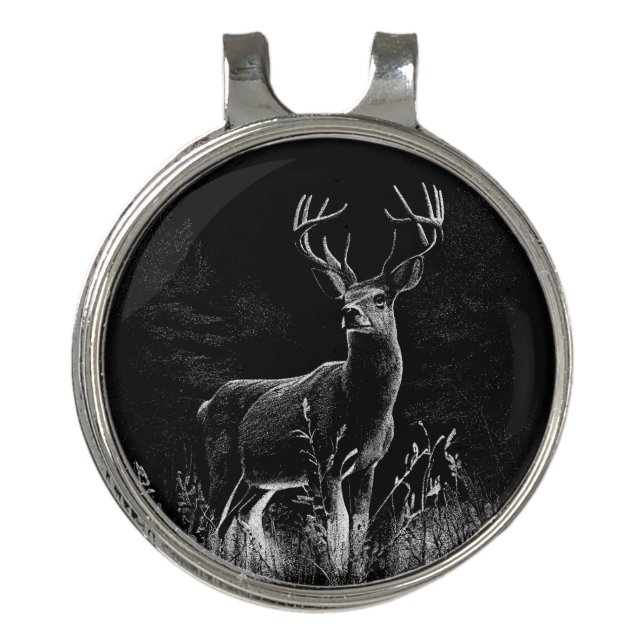 Majestic Deer in the Wilderness – Black&White Art Golf Hat Clip (Front)