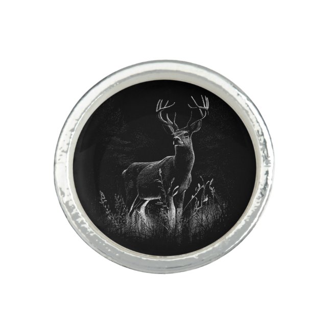Majestic Deer in the Wilderness – Black&White Art Ring (Front)