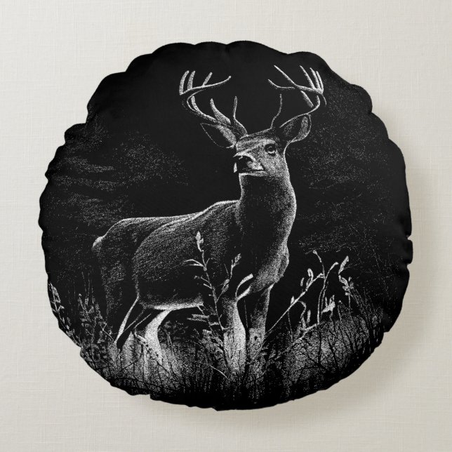 Majestic Deer in the Wilderness – Black&White Art Round Pillow (Front)