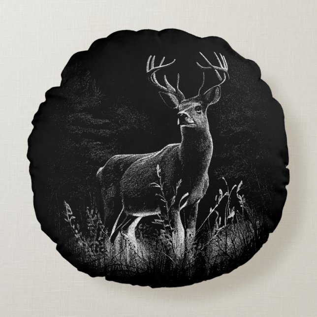 Majestic Deer in the Wilderness – Black&White Art Round Pillow (Front)