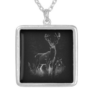 Majestic Deer in the Wilderness – Black&White Art Silver Plated Necklace
