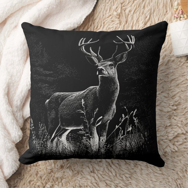 Majestic Deer in the Wilderness – Black&White Art  Throw Pillow (Blanket)
