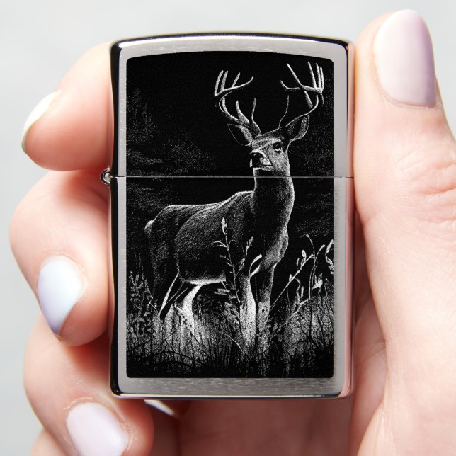 Majestic Deer in the Wilderness – Black&White Art Zippo Lighter (In Hand)