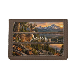 Majestic Deer Mountain Lake Sunset Tri-fold Wallet