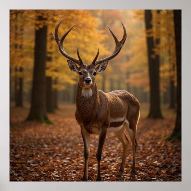 Majestic Deer  Poster (Notice the intricate details of its antlers and the vibrant colors of the fallen leaves.  )