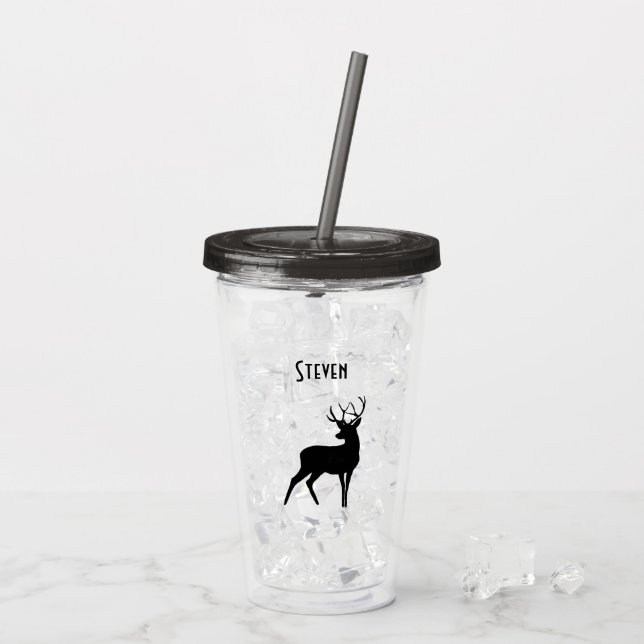 Majestic Deer with Antlers Black Silhouette Rustic Acrylic Tumbler (Back Ice)