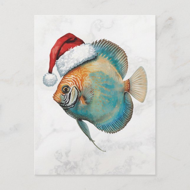 Majestic Discus Fish in Santa Hat Watercolor Holiday Postcard (Front)