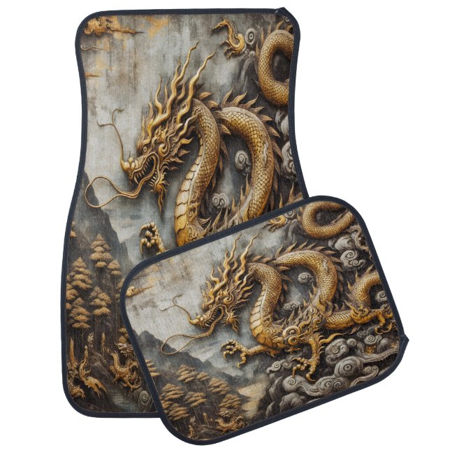 Majestic Dragon Mural in Golden Imitation Leather Car Floor Mat (Set)