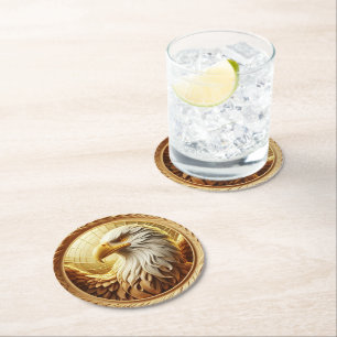 Majestic Eagle: A Golden Tribute Round Paper Coaster