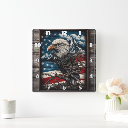 Majestic Eagle Against American Flag Background Square Wall Clock